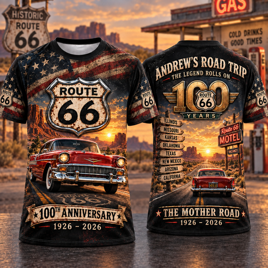 Personalized Your Name The Mother Road 100th Anniversary Route 66 AOP T-Shirt Sweatshirt Hoodie