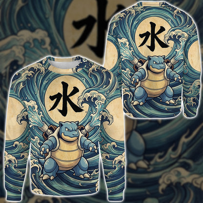 Anime PKM Blastoise Japanese Kanji Aesthetic All Over Printed Sweatshirt Hoodie Zip Hoodie T-Shirt
