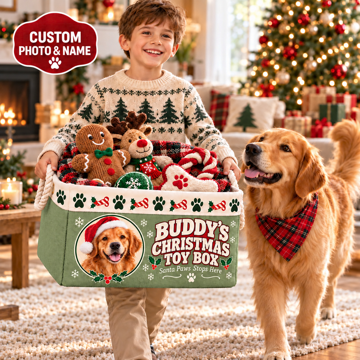 Personalized Dog Toy Basket with Photo & Name, Custom Pet Toy Storage Bin with Rope Handles