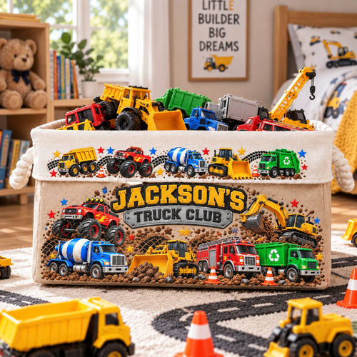 Personalized Truck Club Basket Custom Kid's Name, Custom Kid's Name Storage Bin with Rope Handles