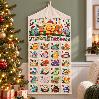 Pokemon Christmas Advent Calendar, 24 Pocket Fabric Wall Hanging, Reusable Holiday Countdown for Fans