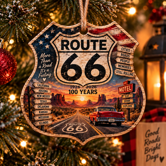 The Mother Road 100th Anniversary Route 66 Double-Side Printed Wooden Ornament