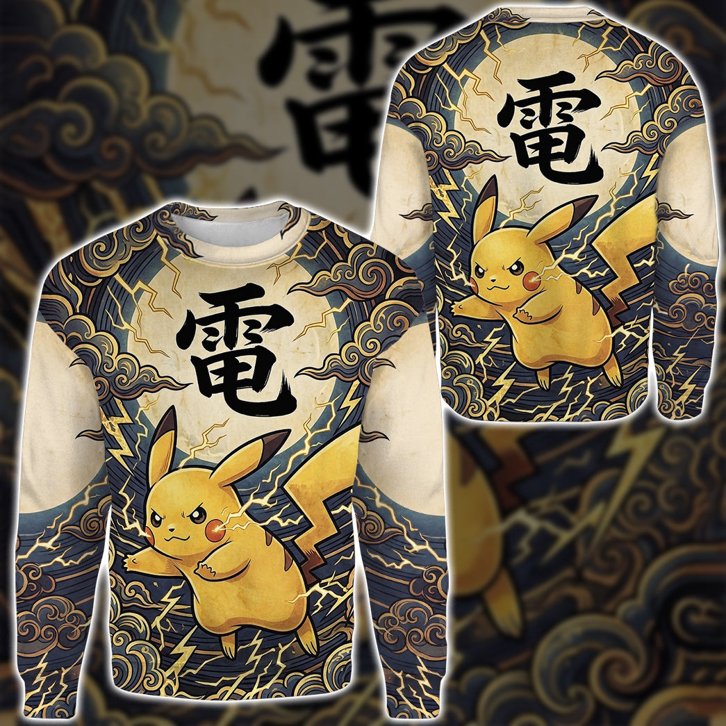 Anime PKM Pikachu Japanese Kanji Aesthetic All Over Printed Sweatshirt Hoodie Zip Hoodie T-Shirt