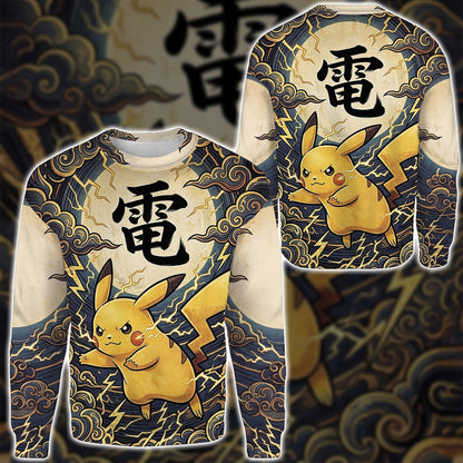 Anime PKM Pikachu Japanese Kanji Aesthetic All Over Printed Sweatshirt Hoodie Zip Hoodie T-Shirt