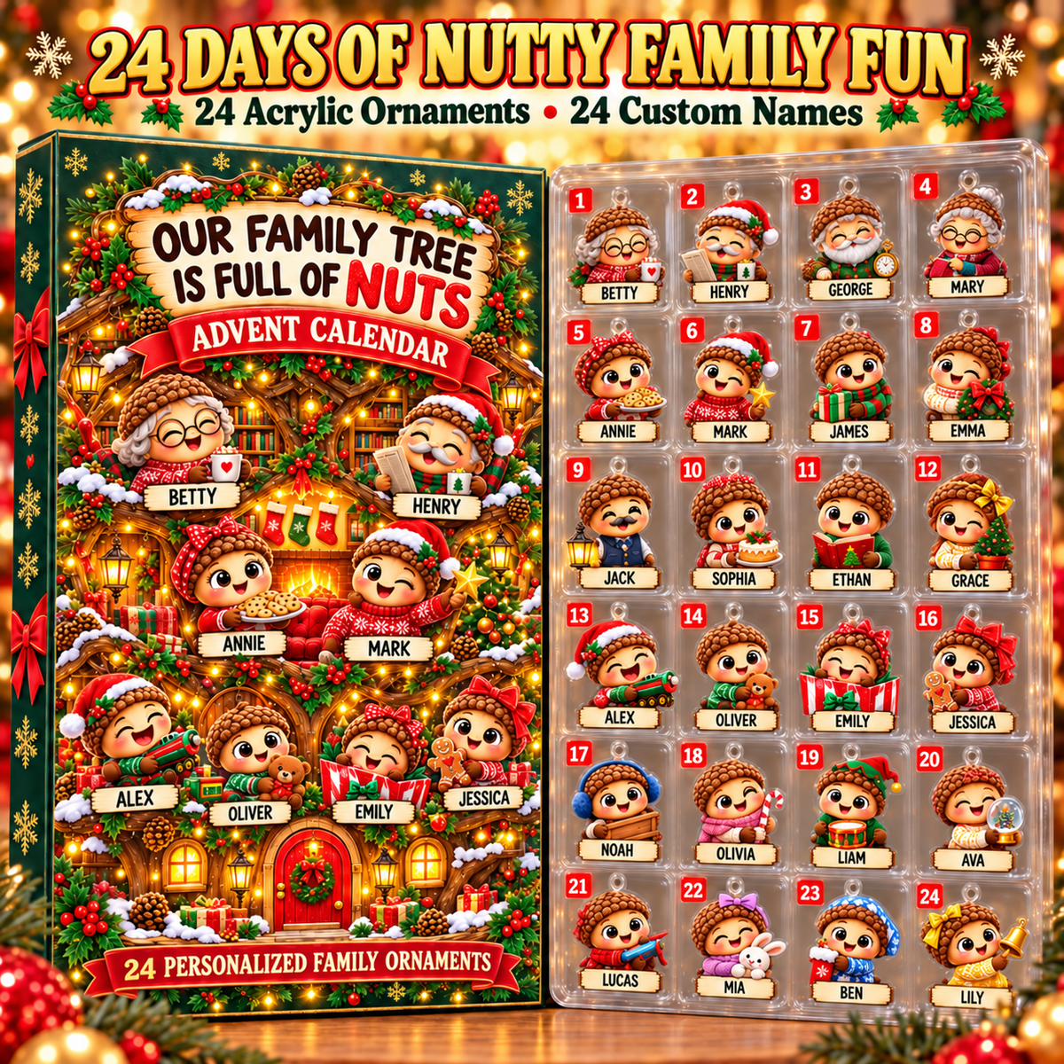 Personalized Nutty Family Advent Calendar – 24 Acorn Family Acrylic Ornaments with Custom Names, Christmas Gift