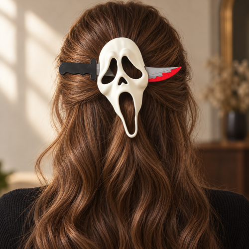 Ghostface Hair Slide with Knife-Shaped Hair Stick – Halloween Hair Accessory, Horror Fan Gift