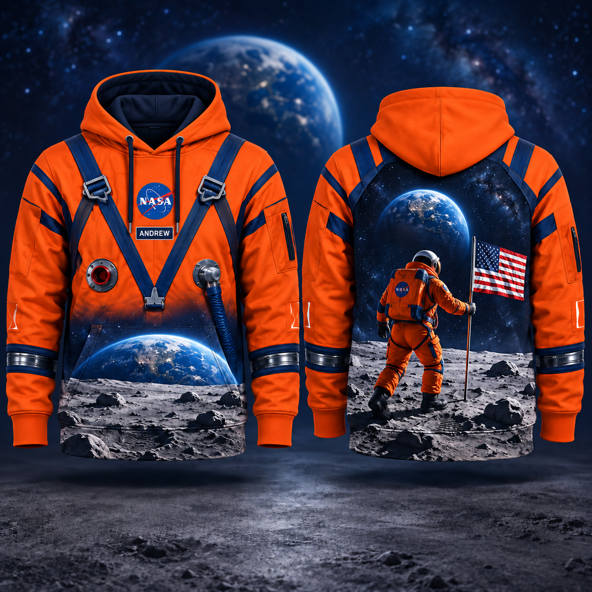 Personalized Your Name Orange Astronaut AOP T-Shirt Sweatshirt Hoodie