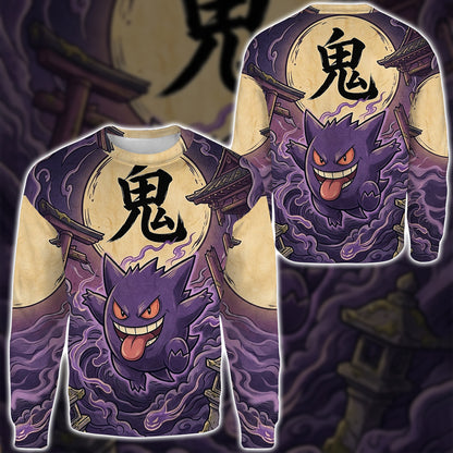 Anime PKM Gengar Japanese Kanji Aesthetic All Over Printed Sweatshirt Hoodie Zip Hoodie T-Shirt