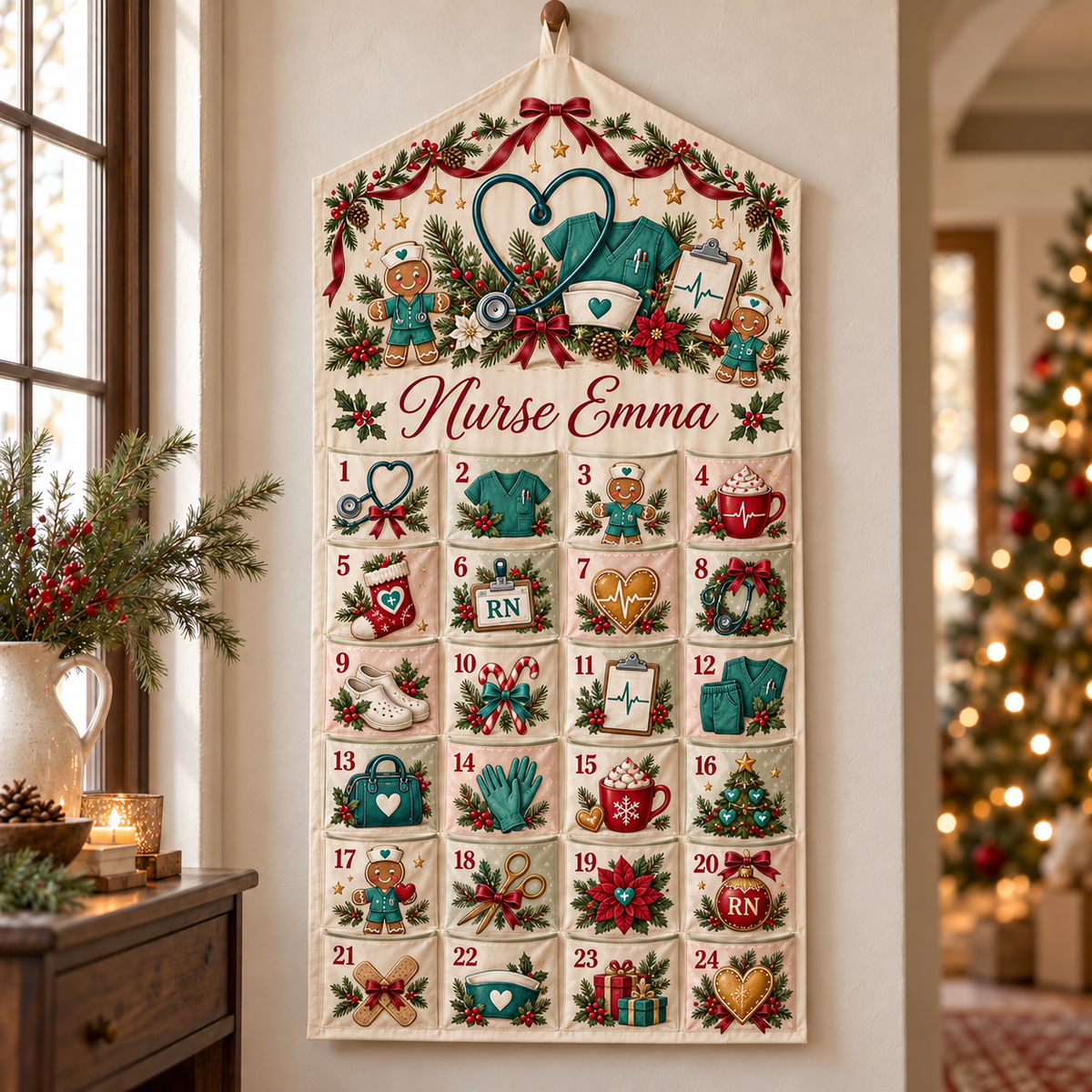 Personalized Nurse Advent Calendar, 24-Pocket Fabric Christmas Countdown, Custom Name Wall Hanging, Nurse Christmas Gift