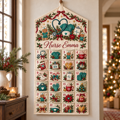 Personalized Nurse Advent Calendar, 24-Pocket Fabric Christmas Countdown, Custom Name Wall Hanging, Nurse Christmas Gift