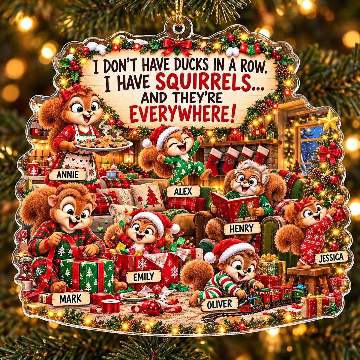 Personalized Squirrel Family Christmas Ornament, Custom Names Acrylic Keepsake, Funny Holiday Gift