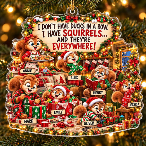 Personalized Squirrel Family Christmas Ornament, Custom Names Acrylic Keepsake, Funny Holiday Gift