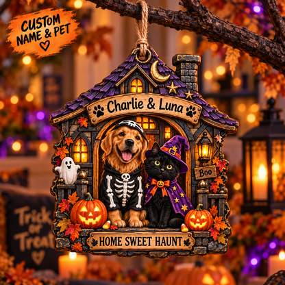 Personalized Halloween Haunted House Custom Pet  Photo & Name Double-Side Printed Wooden Ornament