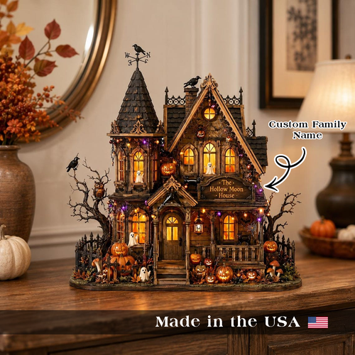 Personalized Halloween Haunted House Custom Family Name 3-Layer Wooden Block