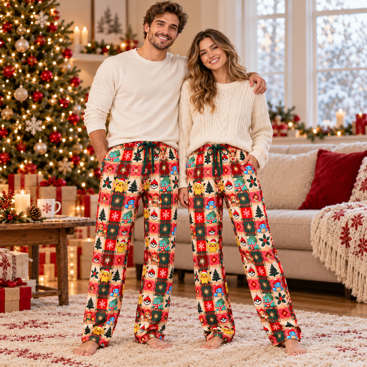 PKM Christmas Lounge Pants, Red Plaid Lounge Pants for Men and Women, Matching Couples Loungewear