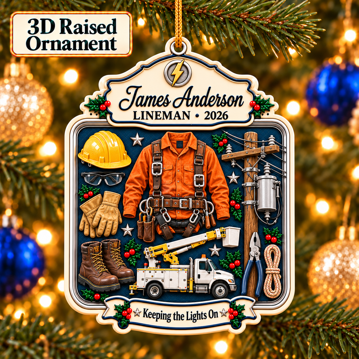 Personalized 3D Raised Acrylic Lineman Custom Name Ornament