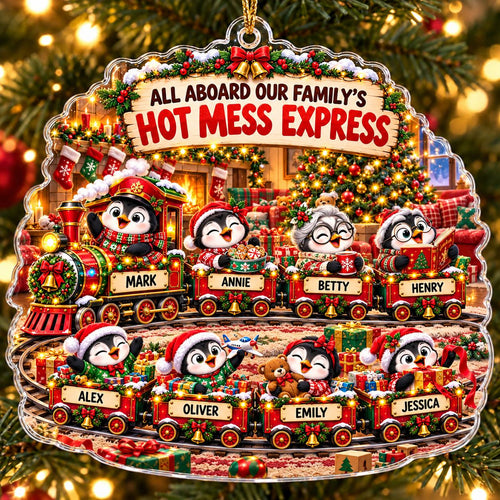 Personalized Penguin Family Christmas Ornament, Hot Mess Express Train, Custom Names Acrylic Keepsake