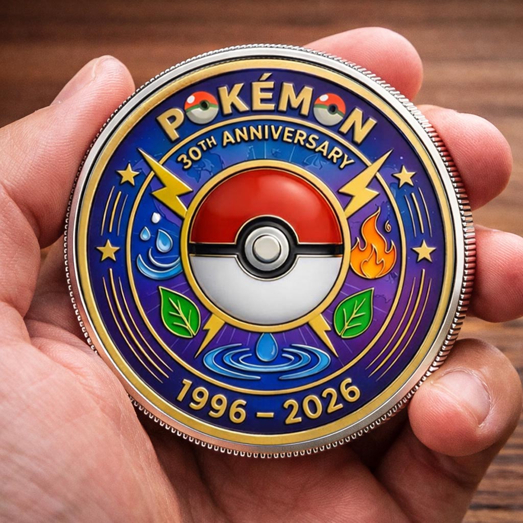 Pokémon 30th Anniversary Printed Commemorative Coin With Pocket Hug Leather Keychain