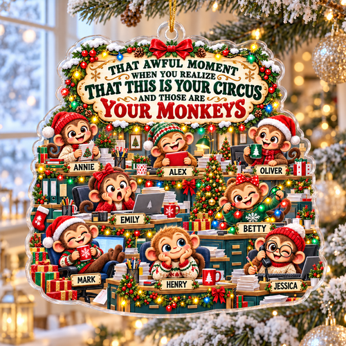Personalized Office Monkey Christmas Ornament, Custom Team Names, Funny Acrylic Gift for Boss