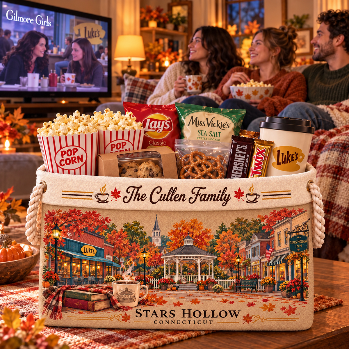 Personalized Stars Hollow Basket with Family Name, Storage Bin with Rope Handles