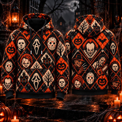 Horror Icons Halloween Argyle AOP T-Shirt Sweatshirt Hoodie