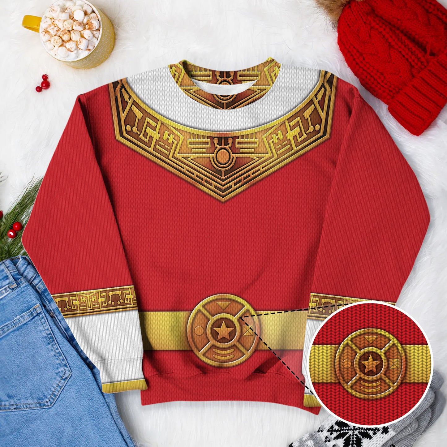 Red Power Rangers Zeo Ugly Christmas Custom Imitation Knitted Sweatshirt