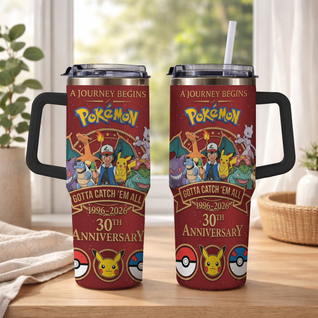 Anime Monster Trainer 30th Anniversary Tumbler, Red Adventure Begins Travel Cup, 1996–2026 Gaming Inspired Tumbler With Handle