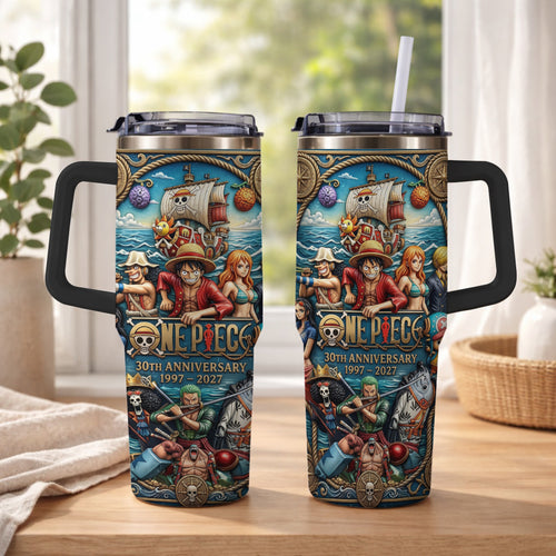 Pirate Anime Adventure 30th Anniversary Tumbler, 1997–2027 Manga Inspired Travel Cup, Ocean Crew Stainless Tumbler With Handle