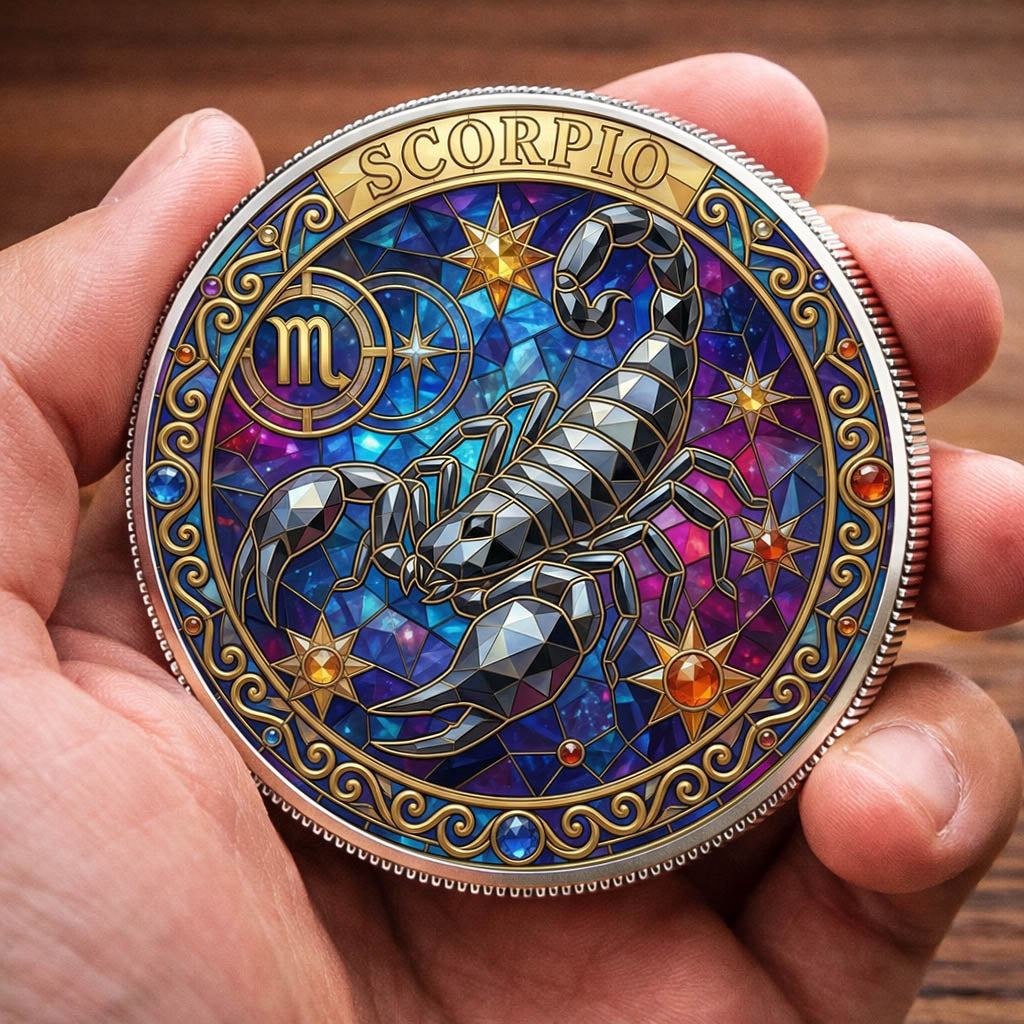 Tarot Zodiac Scorpio Sign Stained Glass Printed Commemorative Coin