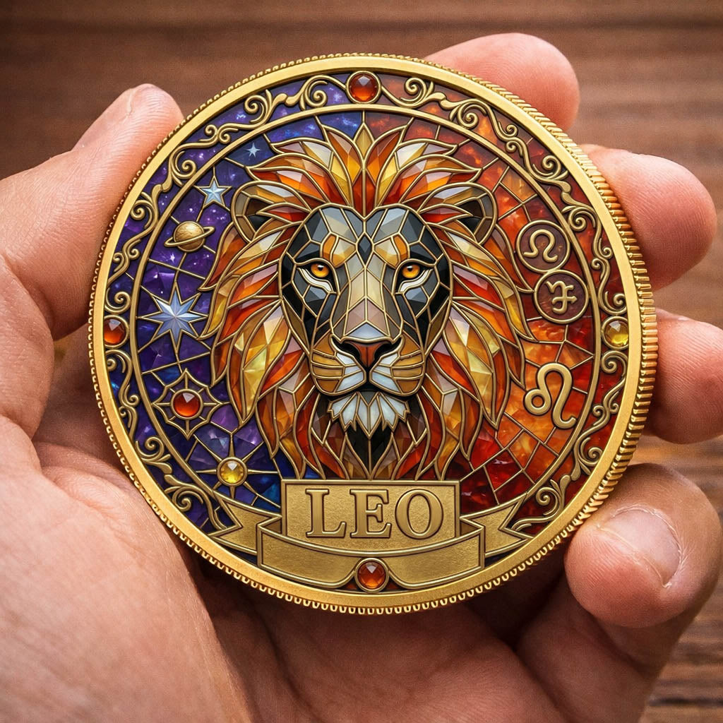 Tarot Zodiac Leo Sign Stained Glass Printed Commemorative Coin