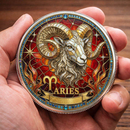 Tarot Zodiac Aries Sign Stained Glass Printed Commemorative Coin