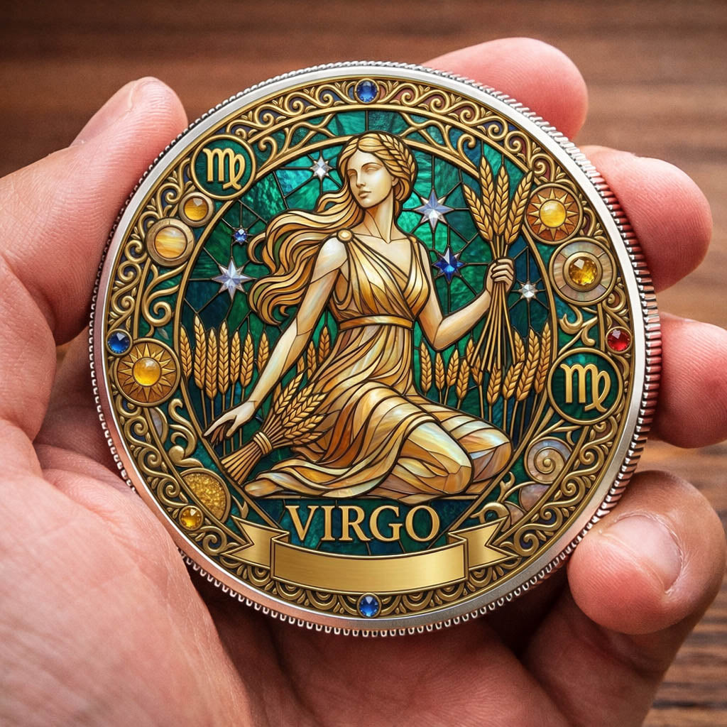 Tarot Zodiac Virgo Sign Stained Glass Printed Commemorative Coin