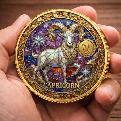 Tarot Zodiac Capricorn Sign Stained Glass Printed Commemorative Coin