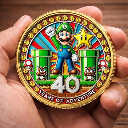 Super Mario 40th Anniversary Printed Commemorative Coin With Pocket Hug Leather Keychain
