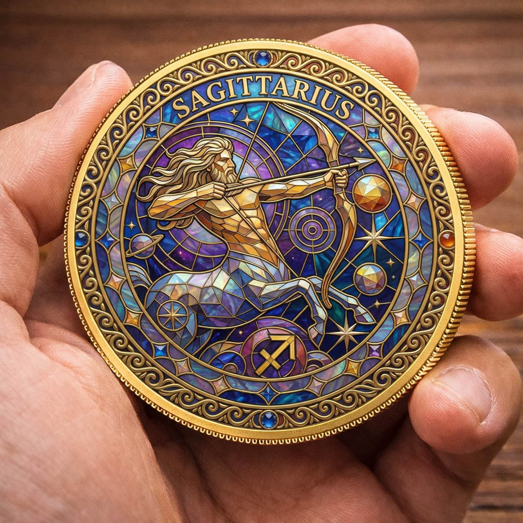 Tarot Zodiac Sagittarius Sign Stained Glass Printed Commemorative Coin