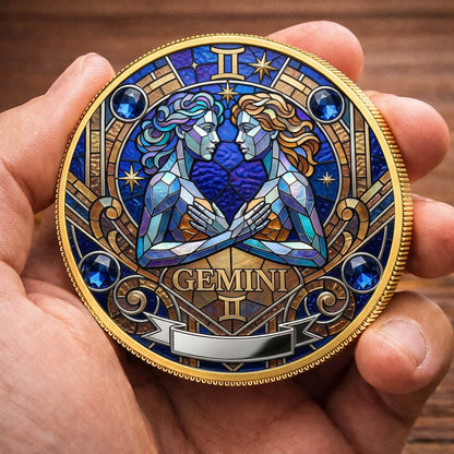 Tarot Zodiac Gemini Sign Stained Glass Printed Commemorative Coin