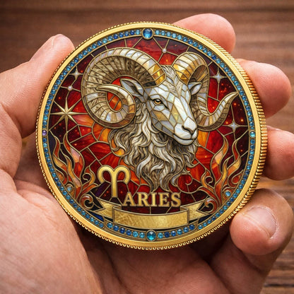Tarot Zodiac Aries Sign Stained Glass Printed Commemorative Coin