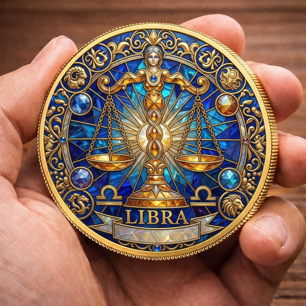 Tarot Zodiac Libra Sign Stained Glass Printed Commemorative Coin