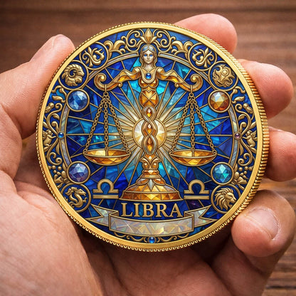 Tarot Zodiac Libra Sign Stained Glass Printed Commemorative Coin