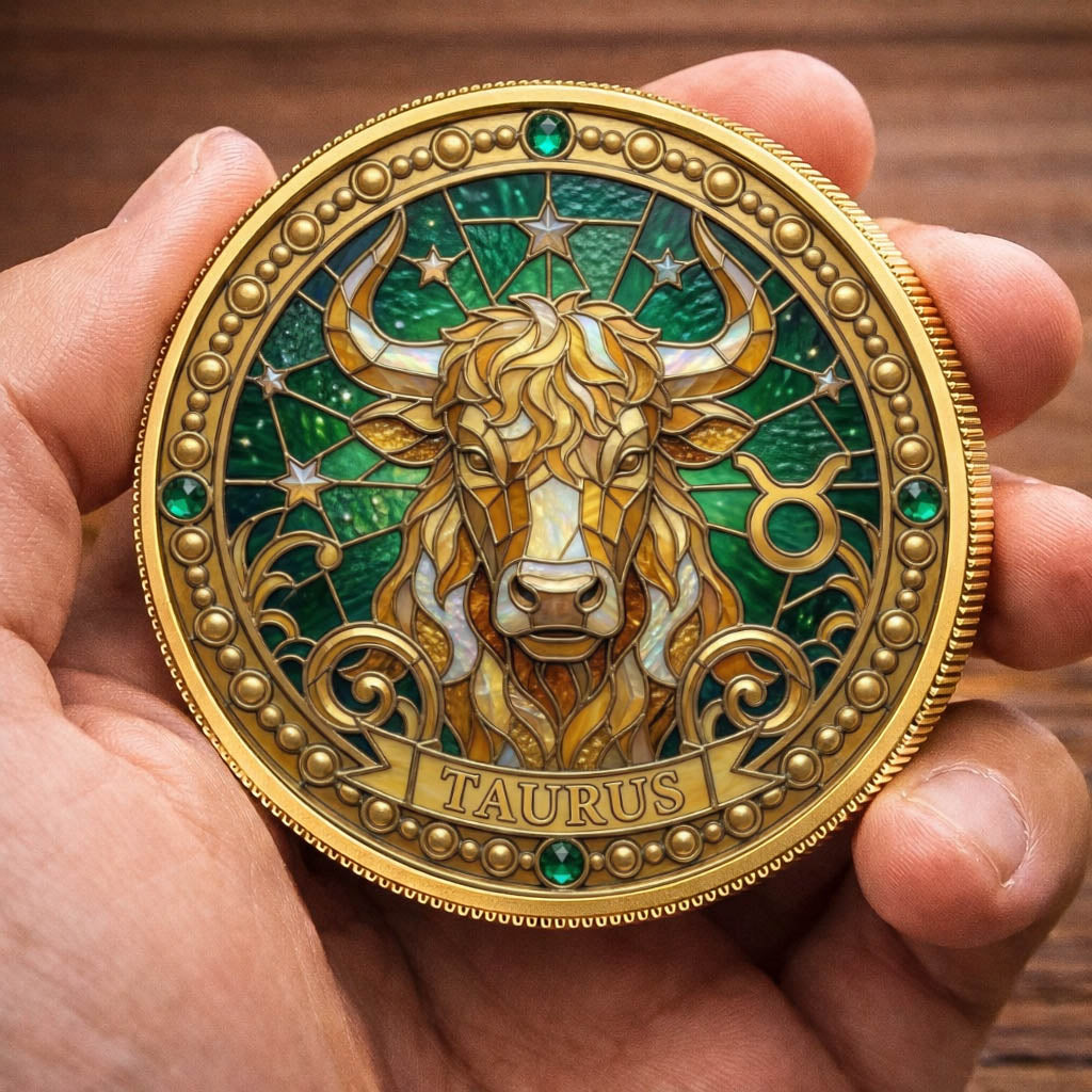 Tarot Zodiac Taurus Sign Stained Glass Printed Commemorative Coin