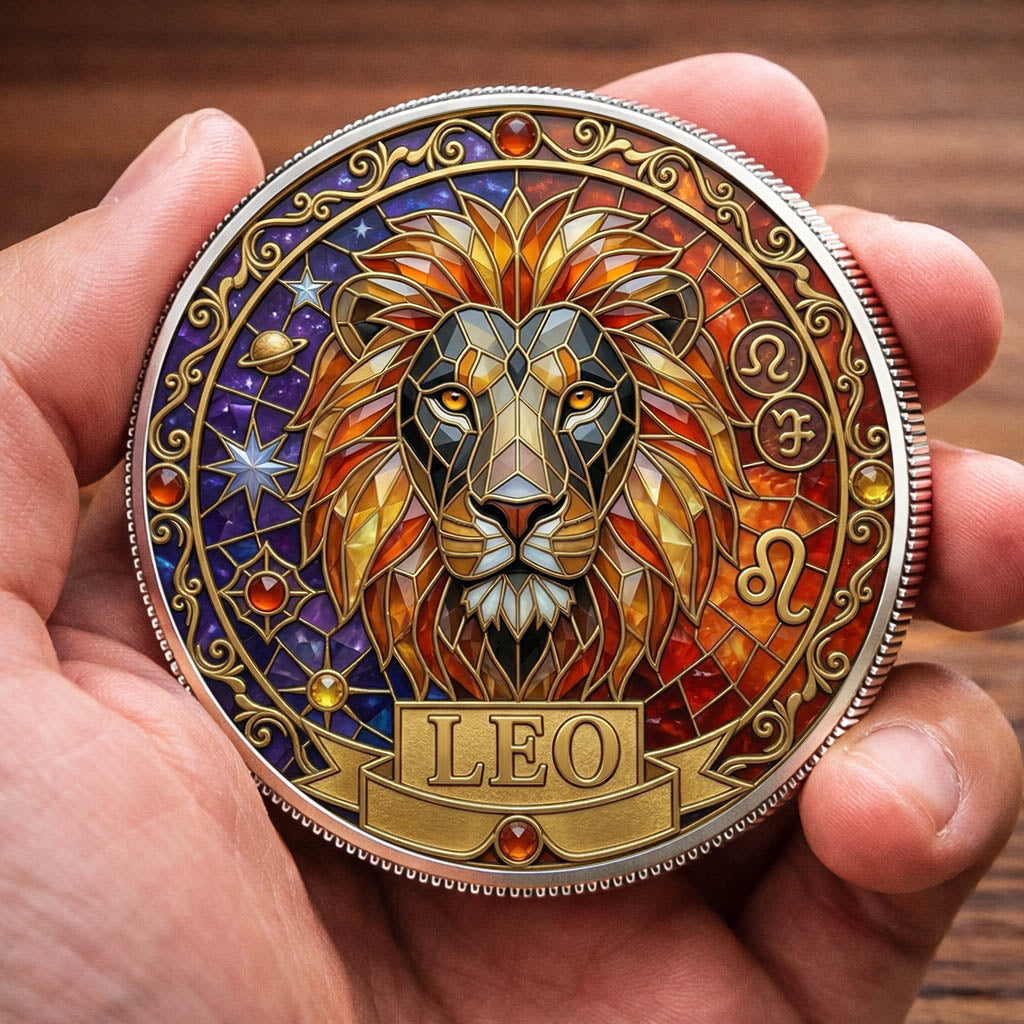 Tarot Zodiac Leo Sign Stained Glass Printed Commemorative Coin