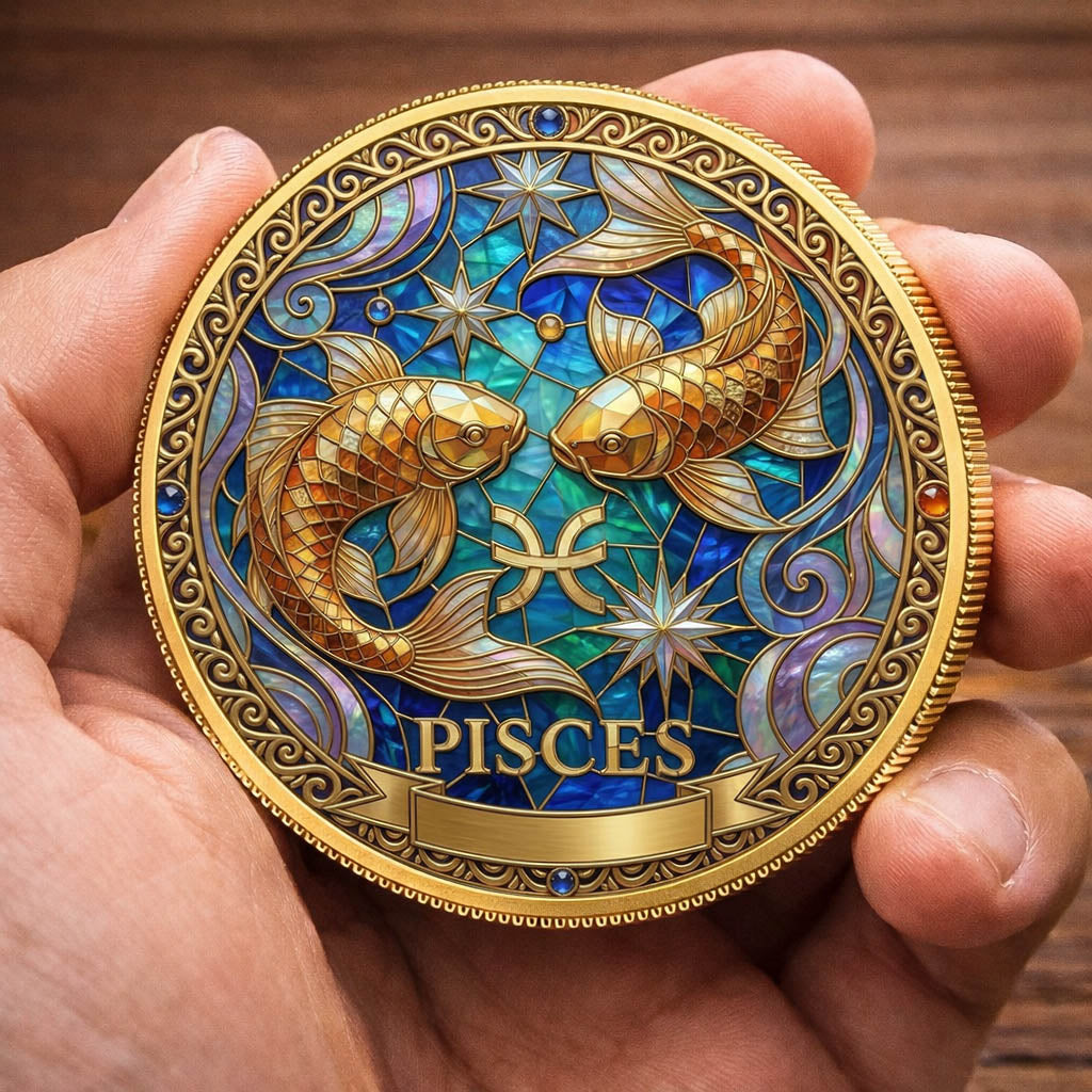 Tarot Zodiac Pisces Sign Stained Glass Printed Commemorative Coin