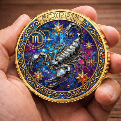 Tarot Zodiac Scorpio Sign Stained Glass Printed Commemorative Coin