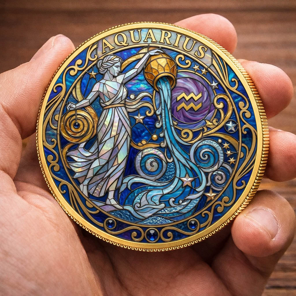 Tarot Zodiac Aquarius Sign Stained Glass Printed Commemorative Coin