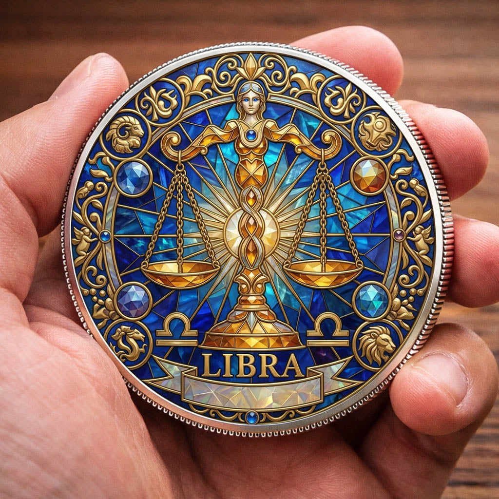 Tarot Zodiac Libra Sign Stained Glass Printed Commemorative Coin