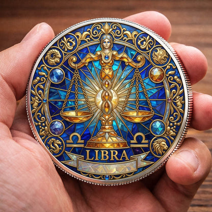 Tarot Zodiac Libra Sign Stained Glass Printed Commemorative Coin