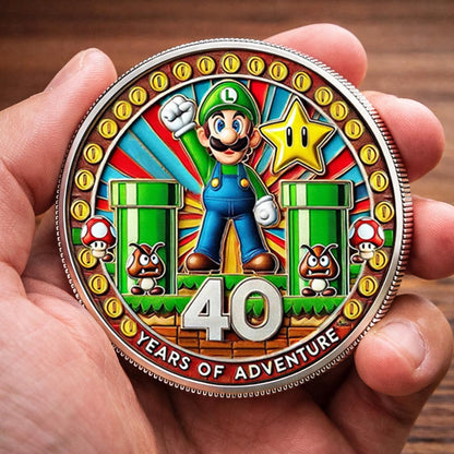 Super Mario 40th Anniversary Printed Commemorative Coin With Pocket Hug Leather Keychain