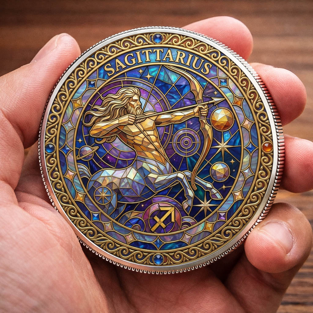 Tarot Zodiac Sagittarius Sign Stained Glass Printed Commemorative Coin