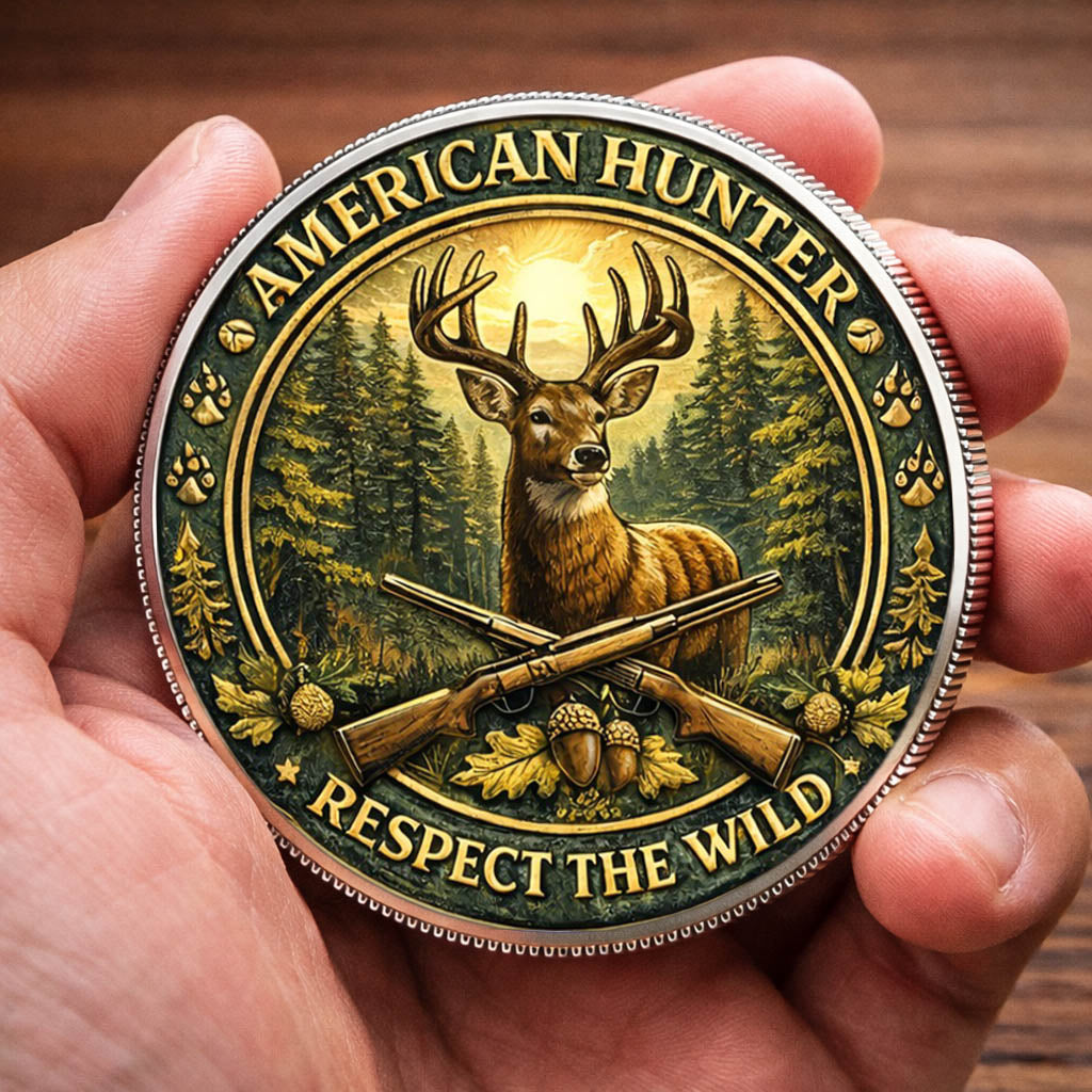American Hunter Printed Commemorative Coin With Pocket Hug Leather Keychain