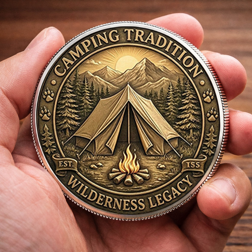 Camping Tradition Printed Commemorative Coin With Pocket Hug Leather Keychain